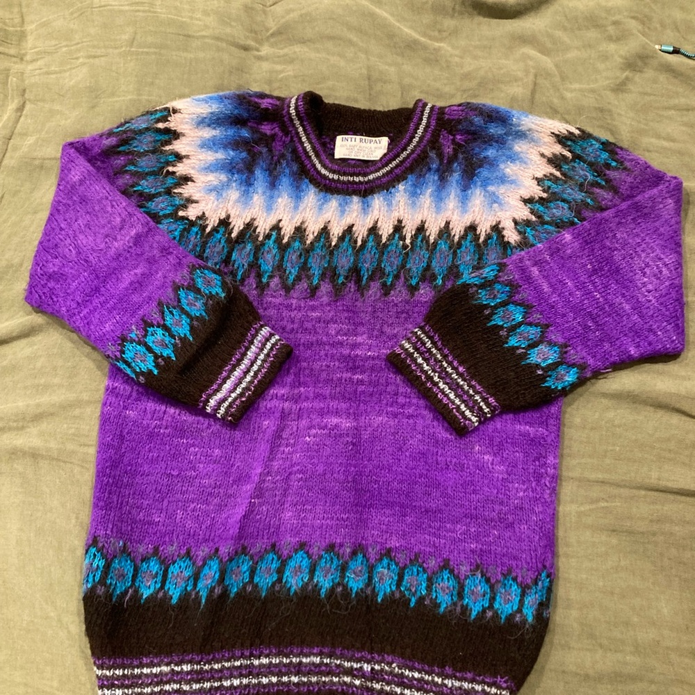 Blue/Purple Vintage Inti Rupay 100% Baby Alpaca Hand Knit Bolivian Sweater